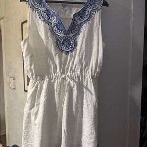 White Sleeveless Dress with Blue Embroidery